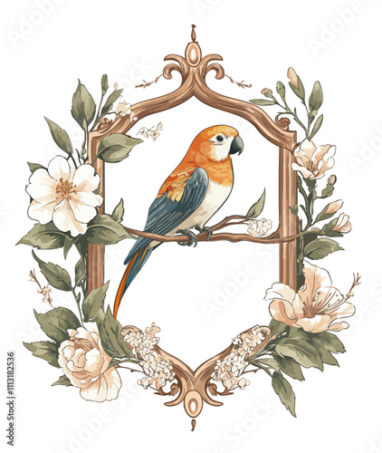 Colorful parrot perched on a branch surrounded by floral frame.