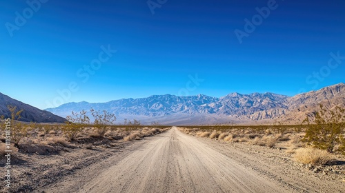 A dusty road stretching through a dry desert landscape, with distant mountains and clear blue sky