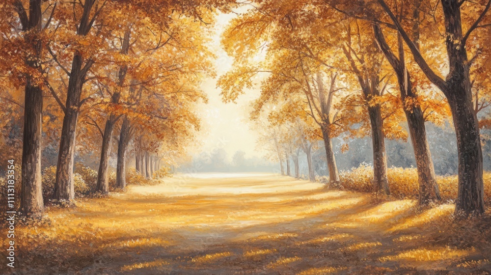 Fototapeta premium Golden autumn path, trees, sunlight, peaceful scene.