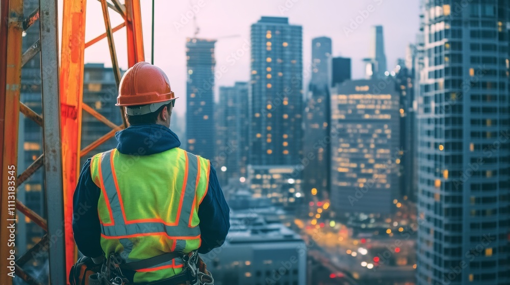A construction worker in a reflective vest and hard hat, operating a crane with a city skyline and construction site in the background, Urban development scene A construction worker in a reflective vest and hard hat, operating a crane with a city skyline and construction site in the background, Urban development scene