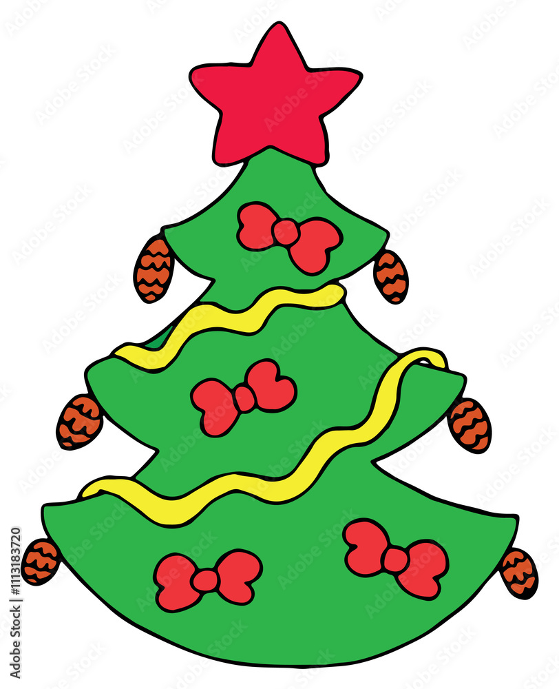 green christmas tree with red star on top with pine cones, red bows and pink ribbon green christmas tree with red star on top with pine cones, red bows and pink ribbon