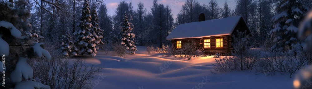 Distant cabin with glowing windows in a snowy forest, warm and cozy glow Distant cabin with glowing windows in a snowy forest, warm and cozy glow