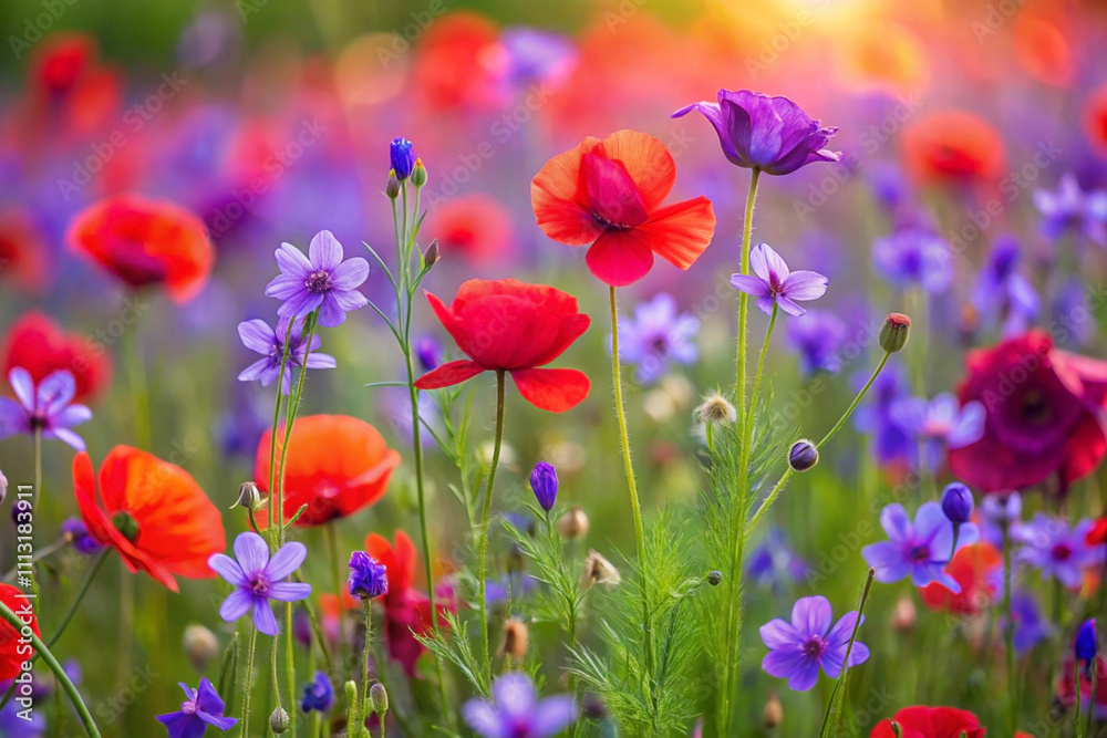 Fototapeta premium Vibrant red poppies and purple wildflowers in a sunlit field.