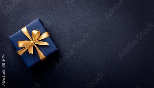 Dark Blue Gift Box with Gold Ribbon on Black Background. Top View of Graduation Gifts with Copy Space