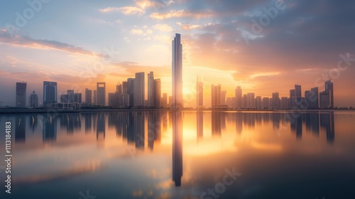 Amazing photo of tall skyscrapers reflected in the lake in the afternoon