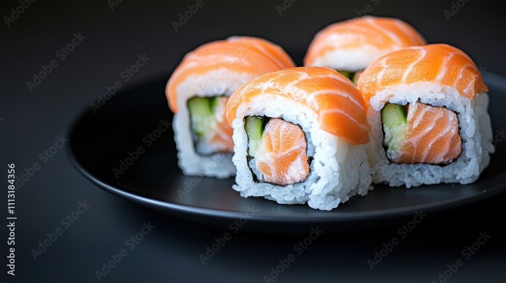 Sushi rolls with salmon on black plate culinary art studio close-up Sushi rolls with salmon on black plate culinary art studio close-up