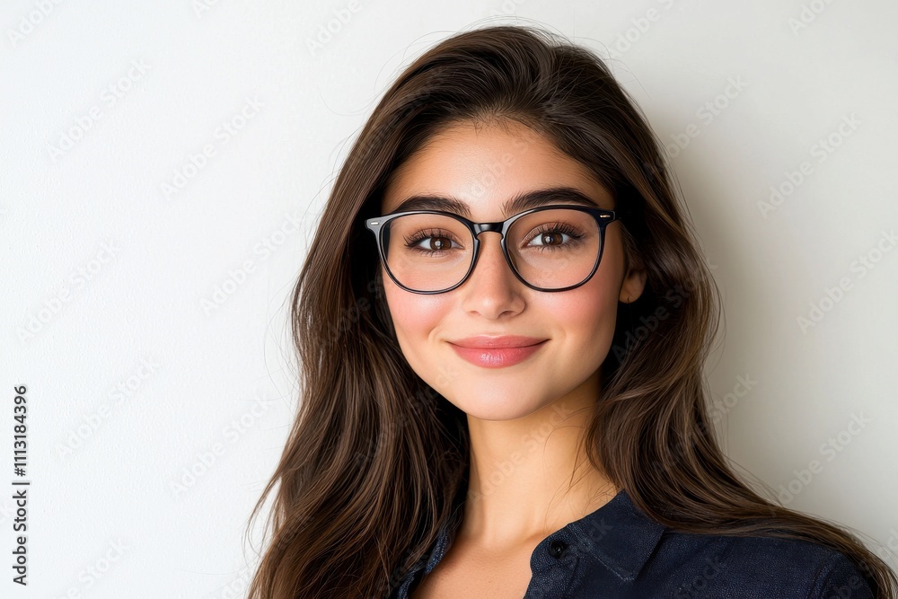 Smiling young woman in glasses indoor portrait bright atmosphere Smiling young woman in glasses indoor portrait bright atmosphere