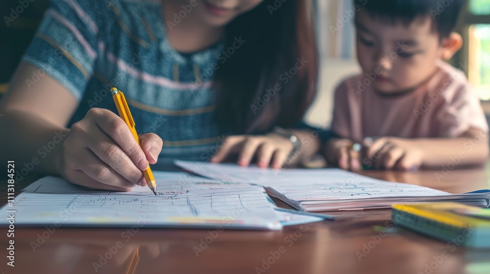 A parent helping their child with homework at a desk, fulfilling the duty of care and education A parent helping their child with homework at a desk, fulfilling the duty of care and education