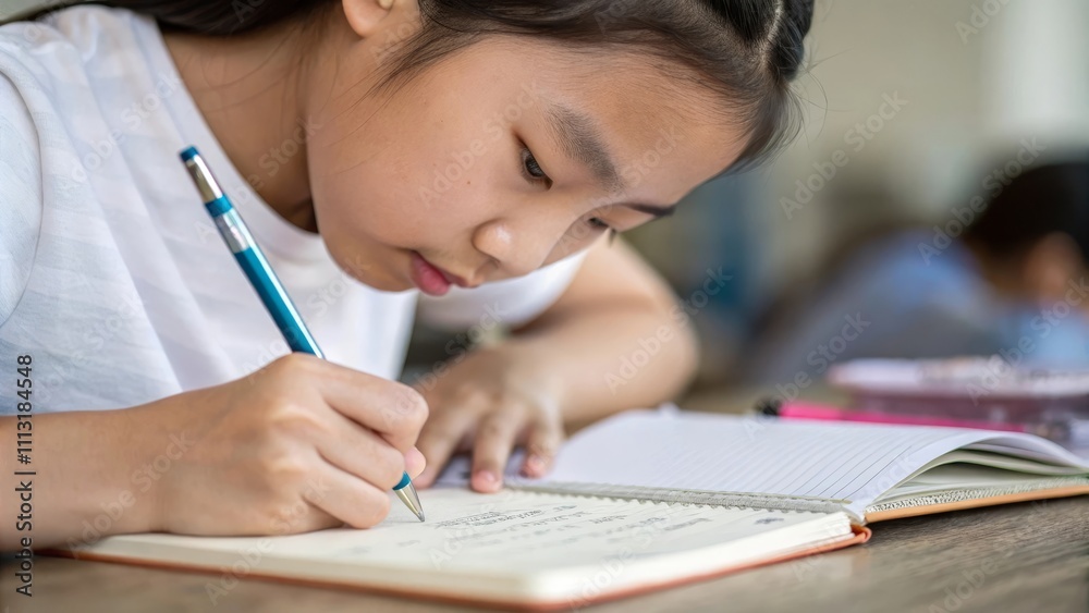 Focused young girl writing in notebook at school desk Focused young girl writing in notebook at school desk