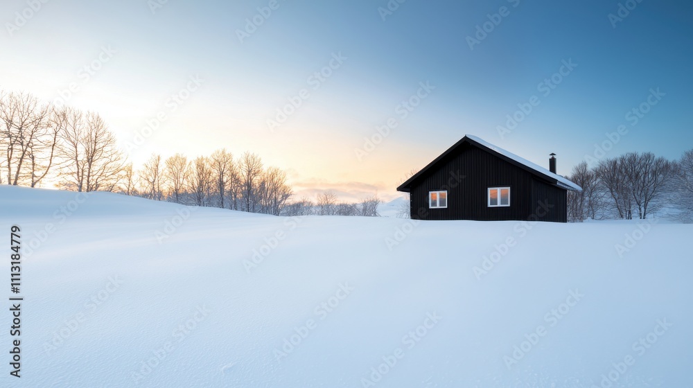 Black cabin in snowy landscape minimalist view winter serenity Black cabin in snowy landscape minimalist view winter serenity