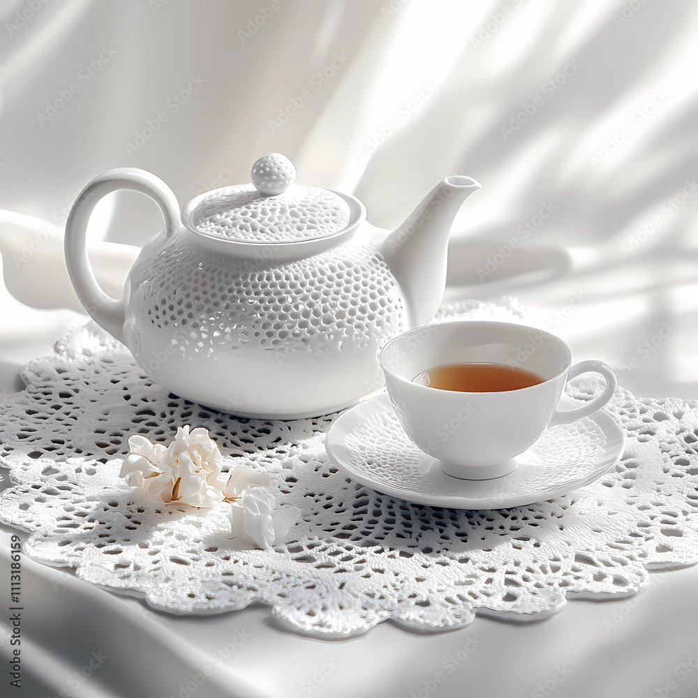 Fototapeta premium Traditional Elegance: White Porcelain Tea Set on Textured Cloth
