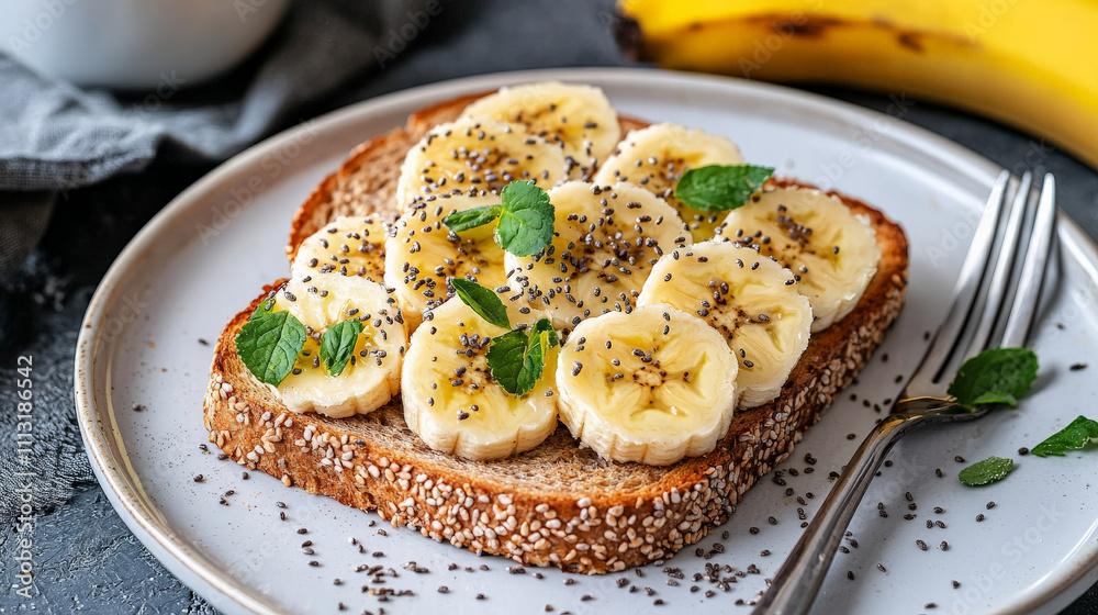 Banana toast with chia seeds and mint on plate Banana toast with chia seeds and mint on plate