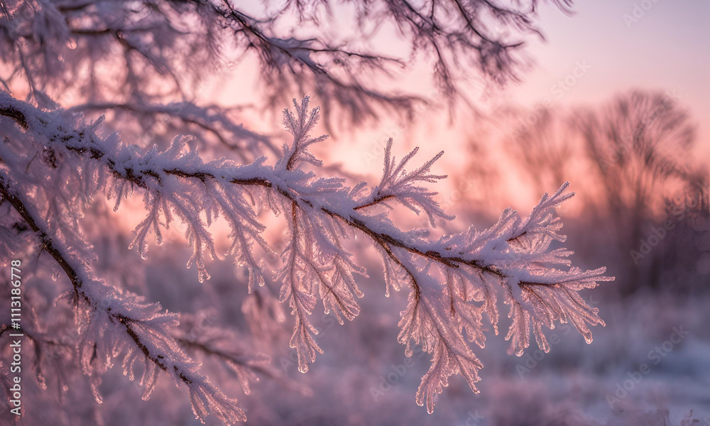 Obraz premium dawn on a snow-covered field amid grass. Snow and frost on the plants. Ice grass. Ice tale. Beautiful winter background with branches covered with hoarfrost. The plants are covered with frost.