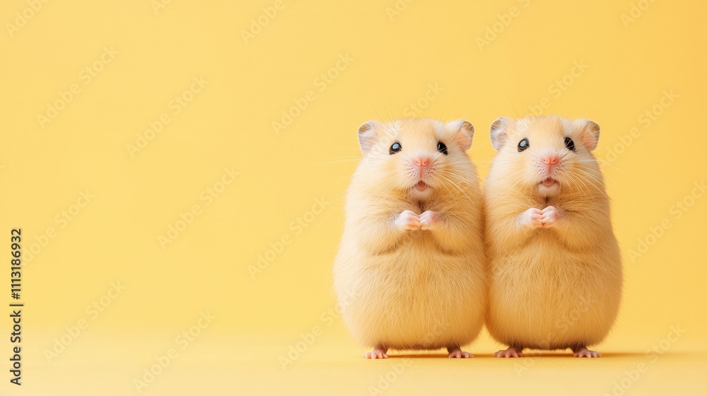 Two adorable hamsters stand side by side against a bright yellow background, showcasing their cute expressions and fluffy fur. Two adorable hamsters stand side by side against a bright yellow background, showcasing their cute expressions and fluffy fur.