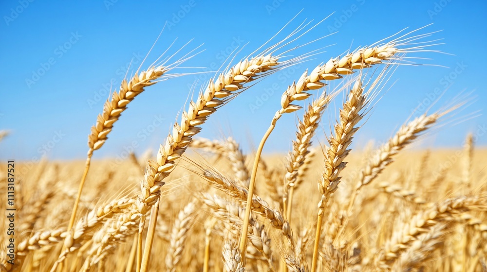 Golden wheat field swaying under summer blue sky Golden wheat field swaying under summer blue sky