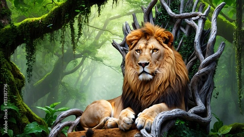 A majestic lion seated on a throne made of twisted branches and vines in the heart of a dense forest, photo