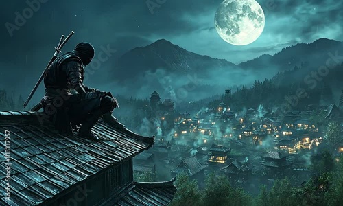 A ninja silhouette overlooks a moonlit village, evoking mystery and adventure.