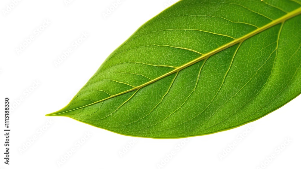 Obraz premium Close-up of a single green tea leaf on a white background, highlighting its intricate details and texture , nature, green tea leaf closeup, green, green tea leaf, herbal