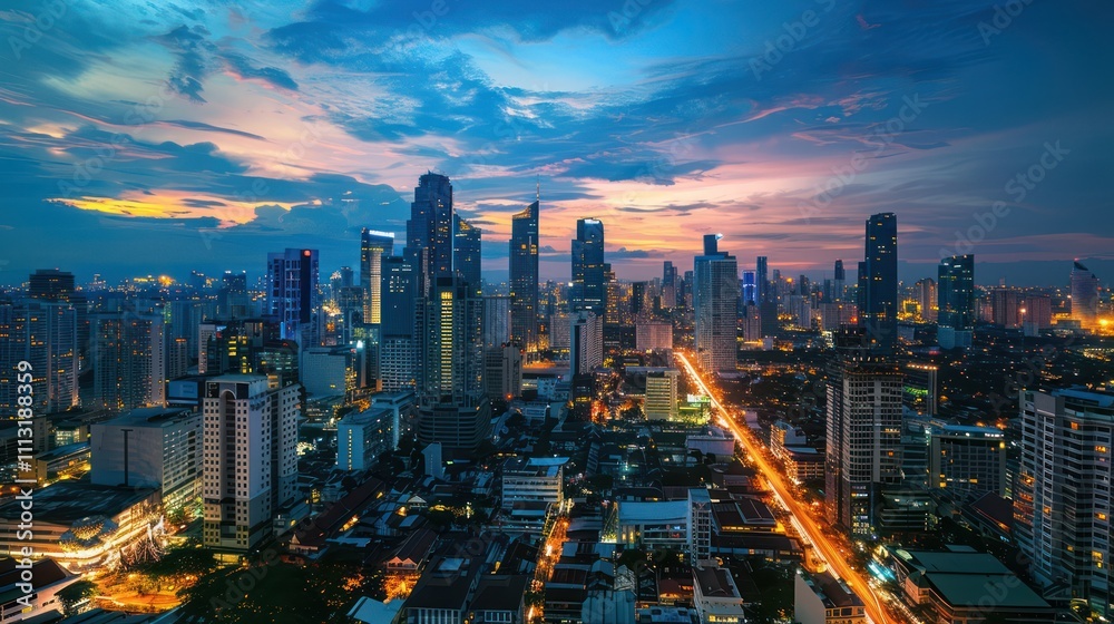 Obraz premium Wide angle view of a bustling cityscape with dark clouds