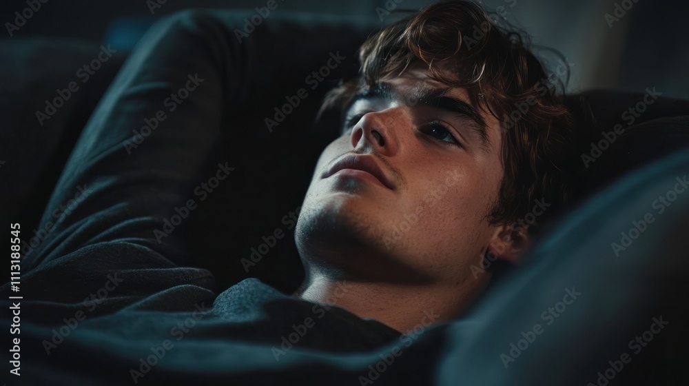 Fototapeta premium A young man lying back, lost in thought or contemplation.
