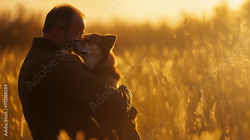 Photos Man and dog share a heartfelt hug in a golden sunrise meadow, capturing tranquility and love