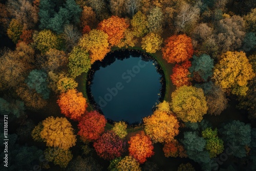 Aerial view of a circular lake surrounded by colorful autumn trees.