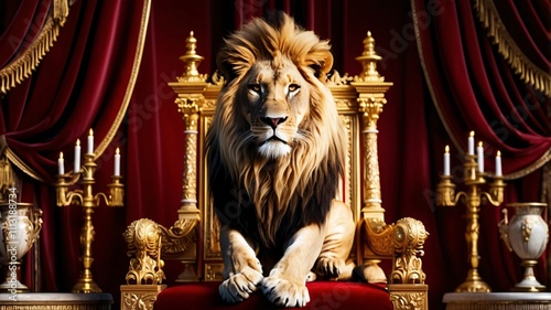 A powerful lion sitting regally on an ornate golden throne, surrounded by rich velvet drapes and luxurious decor photo