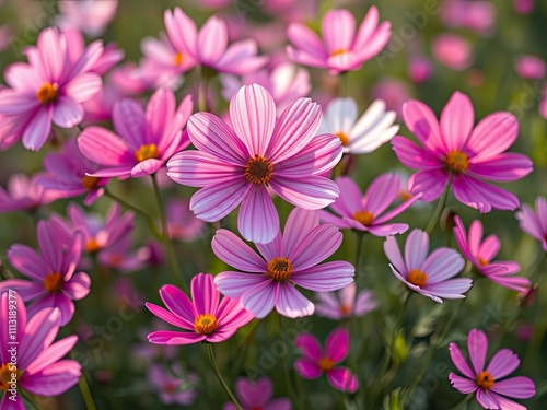 Cosmos flower blossoms in a vibrant display against a soft focus greenery background, outdoor garden, nature