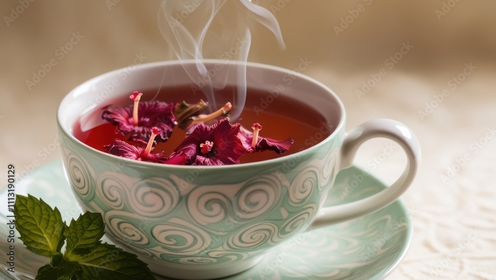 steaming cup of hibiscus tea in an teacup and saucer. Bright red hibiscus flowers float in the tea, while fresh mint leaves sit nearby, steaming cup of hibiscus tea in an teacup and saucer. Bright red hibiscus flowers float in the tea, while fresh mint leaves sit nearby,
