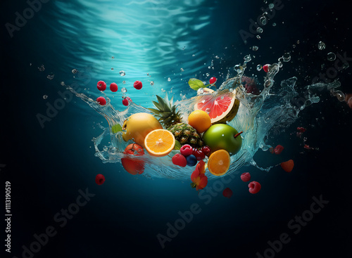 A vibrant mix of fresh fruits raspberries, pineapple, oranges, apples, and more plummets into clear water, creating a dynamic splash.  The scene is underwater, bathed in a cool blue light. photo