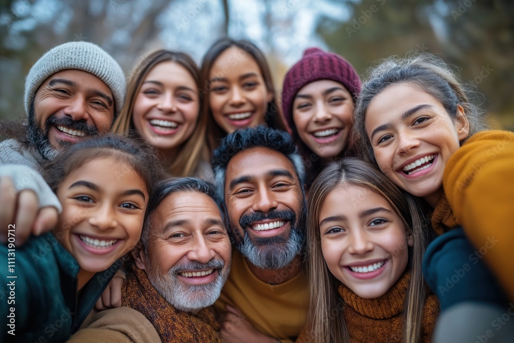 Large diverse family takes selfie outdoors. Happy faces show joy and togetherness. Family members of different ages and ethnicities. Group photo. Outdoor setting. Possible autumn or fall season. Large diverse family takes selfie outdoors. Happy faces show joy and togetherness. Family members of different ages and ethnicities. Group photo. Outdoor setting. Possible autumn or fall season.
