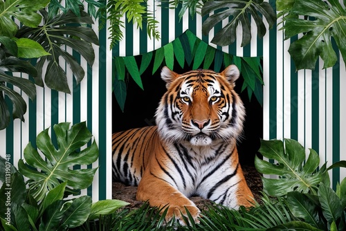 Tiger Emerging from Jungle Foliage: A Striped Adventure Banner with Dramatic Leaves photo