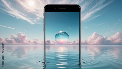 Surreal smartphone on calm water reflecting a sky with clouds, featuring a luminous floating bubble at sunset.