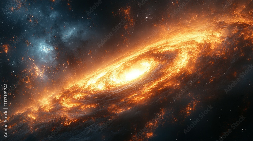 Fiery Cosmic Spiral Galaxy Blazing In Space Fiery Cosmic Spiral Galaxy Blazing In Space