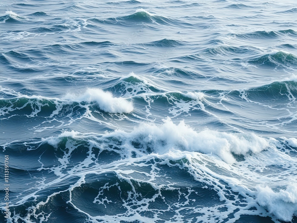 Fototapeta premium Foamy Ocean with Waves Breaking the Surface of the Water, water texture, seawater motion, foamy oceans, turbulent sea, waves breaking