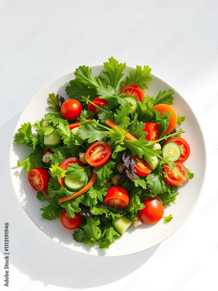 Fresh mixed greens salad with various vegetables on a white plate, healthy food, kitchen decor, fresh ingredients Fresh mixed greens salad with various vegetables on a white plate, healthy food, kitchen decor, fresh ingredients