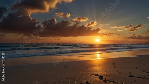 Stunning sunset over ocean beach with waves and clouds.
