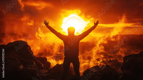 Man stands on rocks at sunrise. Arms up in air. Strong colors. Motivational view of sunrise. Ambitious man looks happy. Amazing sky. Inspiring moment. Volcanic landscape. Dramatic scene. Nature.