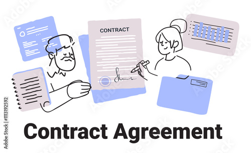 Contract agreement concept signing documents people charts files minimalist doodle style