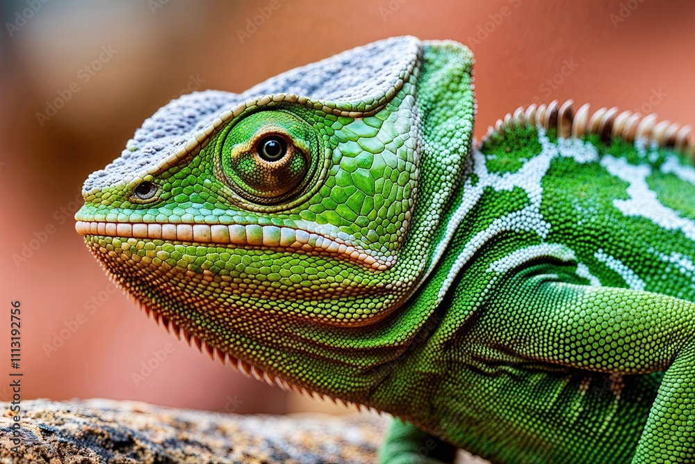 Fototapeta premium Lively Green Chameleon Closeup with Detailed Eye and Skin Texture