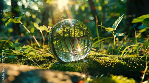 Environment Concept, ball is surrounded by green grass and trees, creating a peaceful and serene atmosphere. The sunlight is shining on the ball