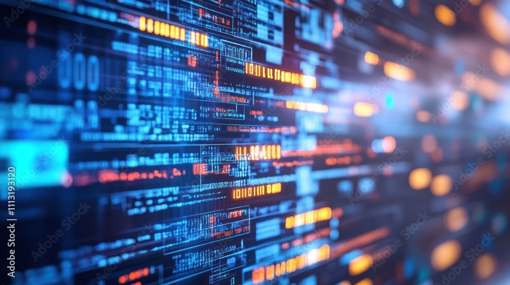Abstract digital data stream with various codes and glowing elements. Abstract digital data stream with various codes and glowing elements.