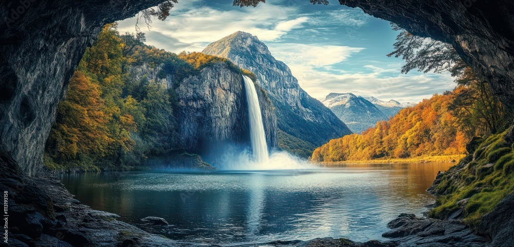 Majestic waterfall cascading down a mountain into a calm river, viewed from below to capture the grandeur of nature. Majestic waterfall cascading down a mountain into a calm river, viewed from below to capture the grandeur of nature.
