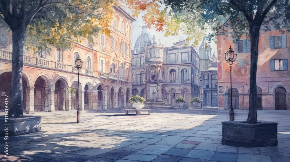 Obraz premium Sunlit Italian plaza, trees, old buildings.