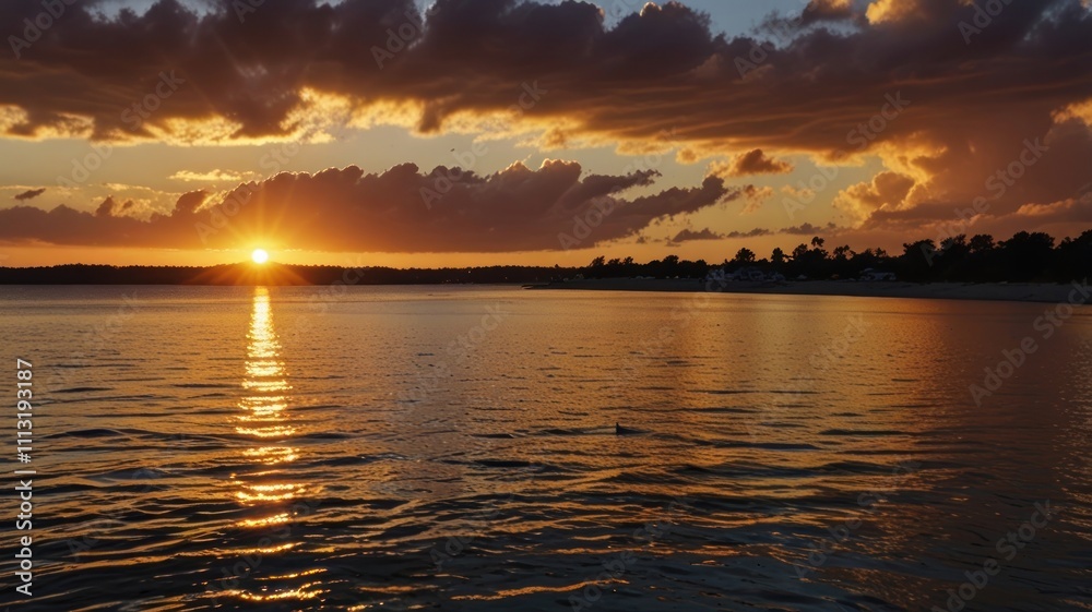 Fiery sunset over calm lake with dark clouds. Fiery sunset over calm lake with dark clouds.