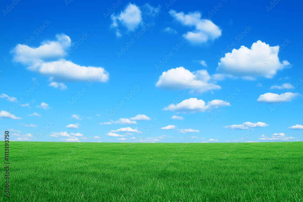 Empty Green Grassland Background with Blue Sky and White Clouds Empty Green Grassland Background with Blue Sky and White Clouds