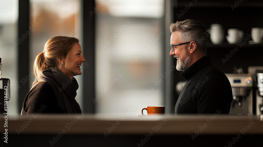 Two coworkers from diverse backgrounds engage in a friendly conversation at a cozy cafe on a chilly afternoon Two coworkers from diverse backgrounds engage in a friendly conversation at a cozy cafe on a chilly afternoon