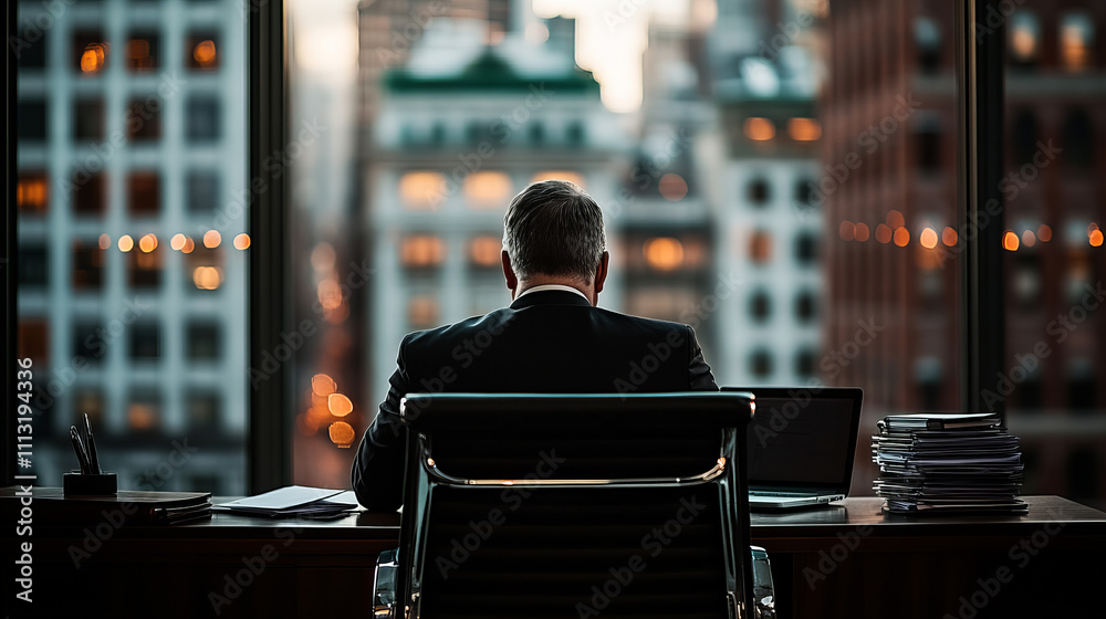 CEO seated at a minimalist desk with a view of the city during sunset in a modern office setting CEO seated at a minimalist desk with a view of the city during sunset in a modern office setting