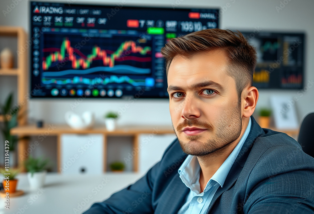 male trader in front of large trading monitor male trader in front of large trading monitor