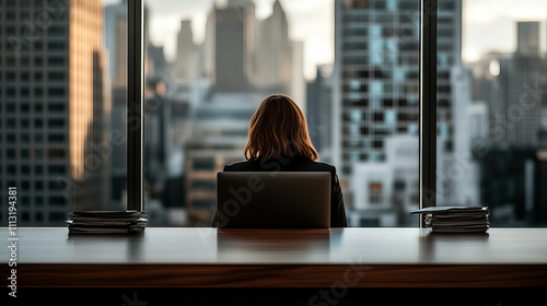 CEO sits confidently at a minimalist desk overlooking a city skyline during late afternoon